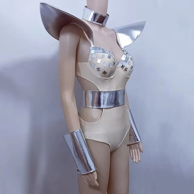 Damski seksowny srebrny body z efektem lustra, odkryte ramiona, strój sceniczny, trykot, kostium na imprezę do klubu nocnego, baru, dla DJ-a, tancerki gogo, na pokaz.