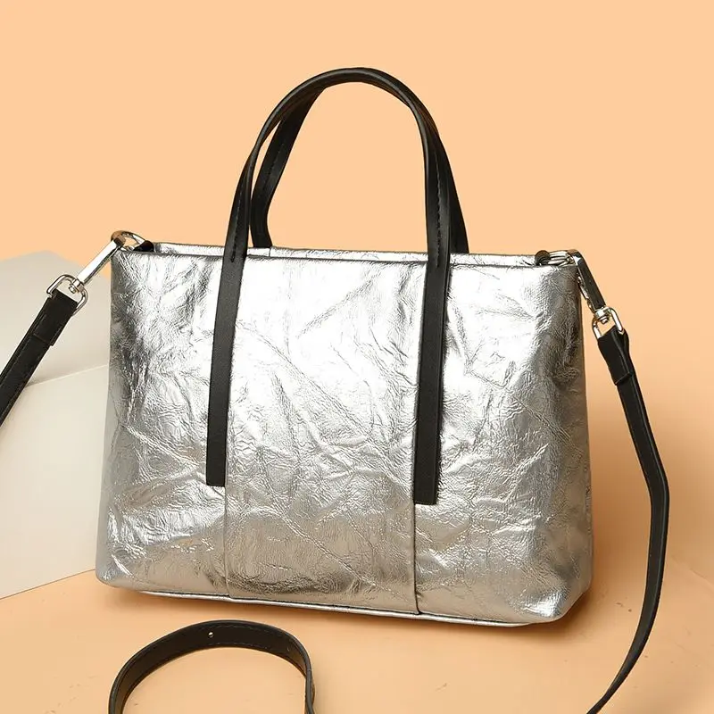 2024 Fashion Horizontal Square Large Capacity Tote Bag Folded Leather Pattern Casual Versatile Handheld Shoulder Bag For Women