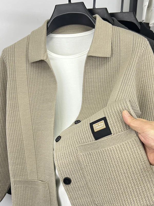 

Мужской вязаный кардиган с запахом, свитер, повседневный отложной воротник, цвет весны и осени, облегающий молодежный топ