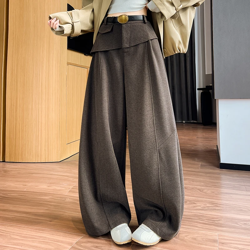 High Waist Wide Leg Pants Women's Autumn Winter Woolen Casual Loose Knife Shape Long Pants Skirt like Design Cover Hip