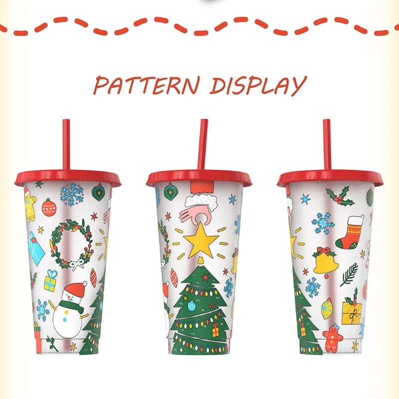 710ml Plastic Straw Cup Halloween Christmas Color Changing Cup with Lid Plastic Cold Bucket Party Drink Cup Iced Drinks Mug