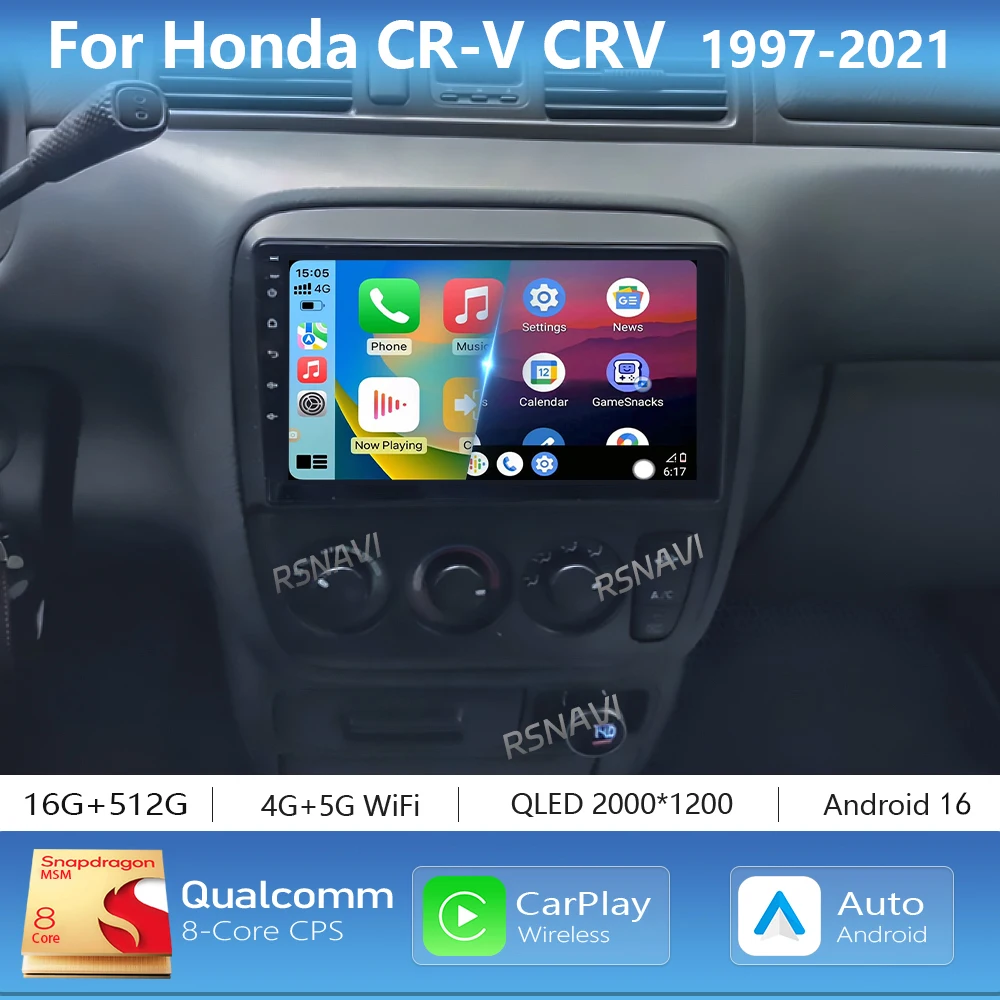 Android 16 Carplay Auto 2K Screen Car Multimedia Radio Player For Honda CR-V CRV 1997 - 2001 Autoradio GPS Stereo 2Din Head Unit
