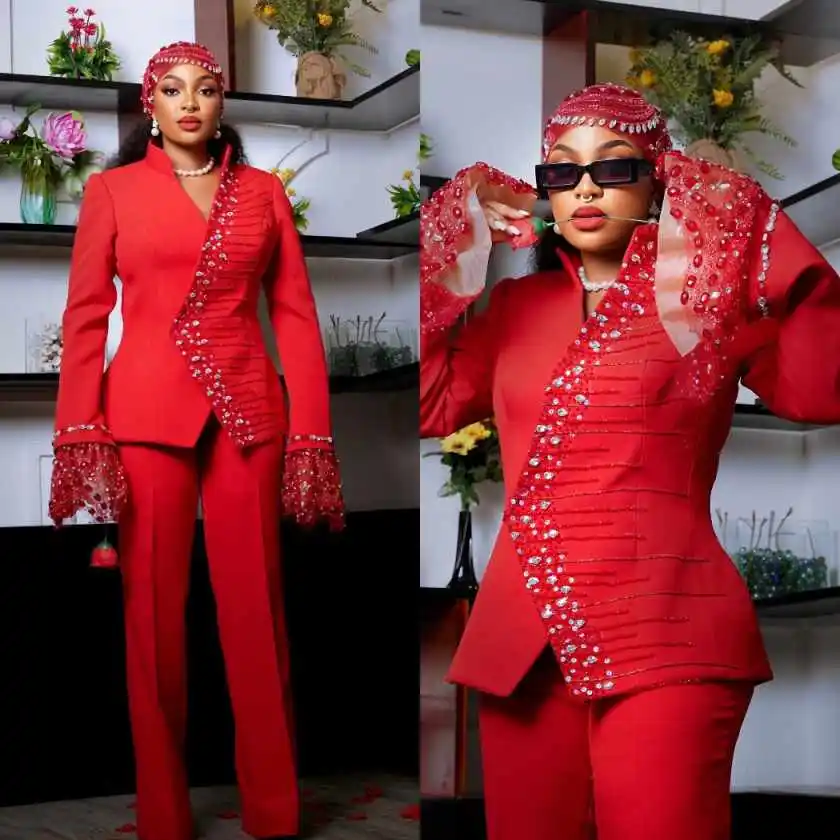 Design Women Jacket Beaded Rhinestone 2 Piece Mother Suits Long Sleeve One Button Blazer Pants Set For Evening Party Customized