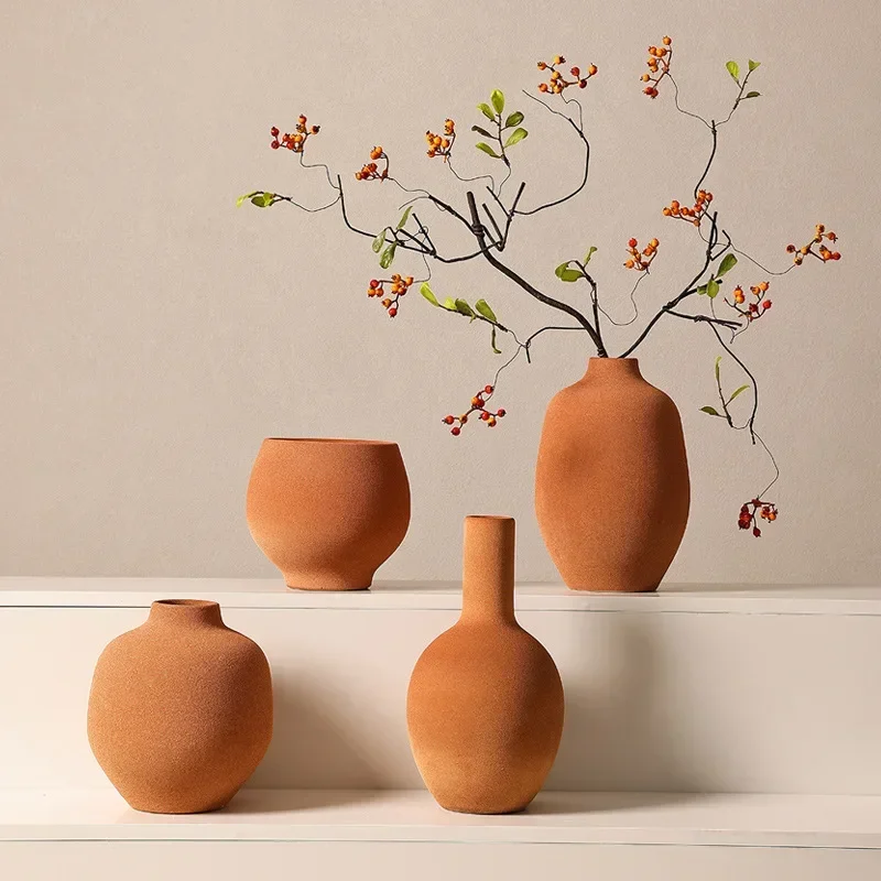 Red Thick Pottery Vase Sanded Ceramic Flower Vase Handmade Flower Arrangement Flower Vases Flowerpot Home Decoration Accessories