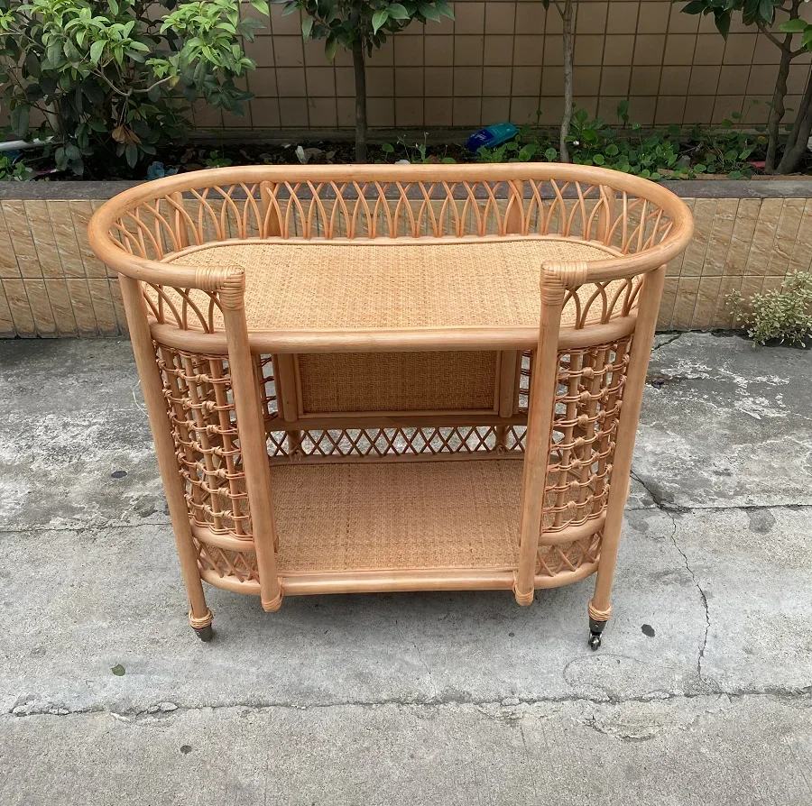 2026 New Design Bar Cart Outdoor Hotel Dining Cart Restaurant Service Car Pure Hand-Woven Natural Rattan Wicker Drinks Trolley