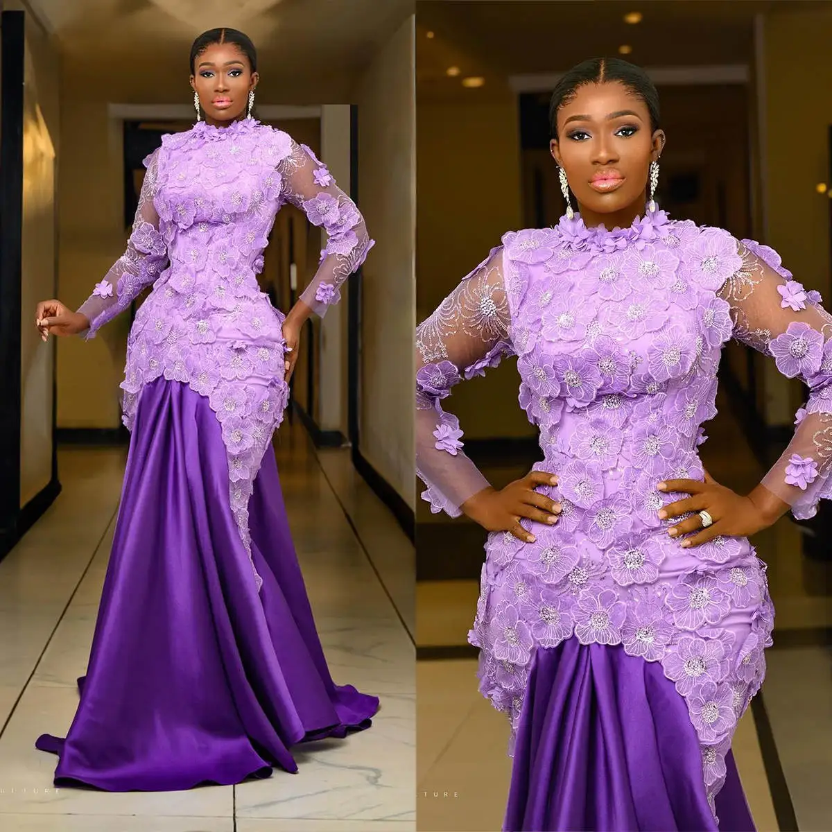 Abiti da ballo a sirena viola taglie forti arabi Fiori 3D Appliques Abiti da sera Abito formale da secondo ricevimento per feste a maniche lunghe