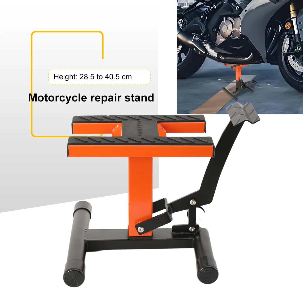 Martinetto regolabile in altezza per moto da cross con piastra superiore in gomma, adatto per moto da enduro, cross e MX. Design in acciaio resistente per uso in officina e su pista. Cavalletto