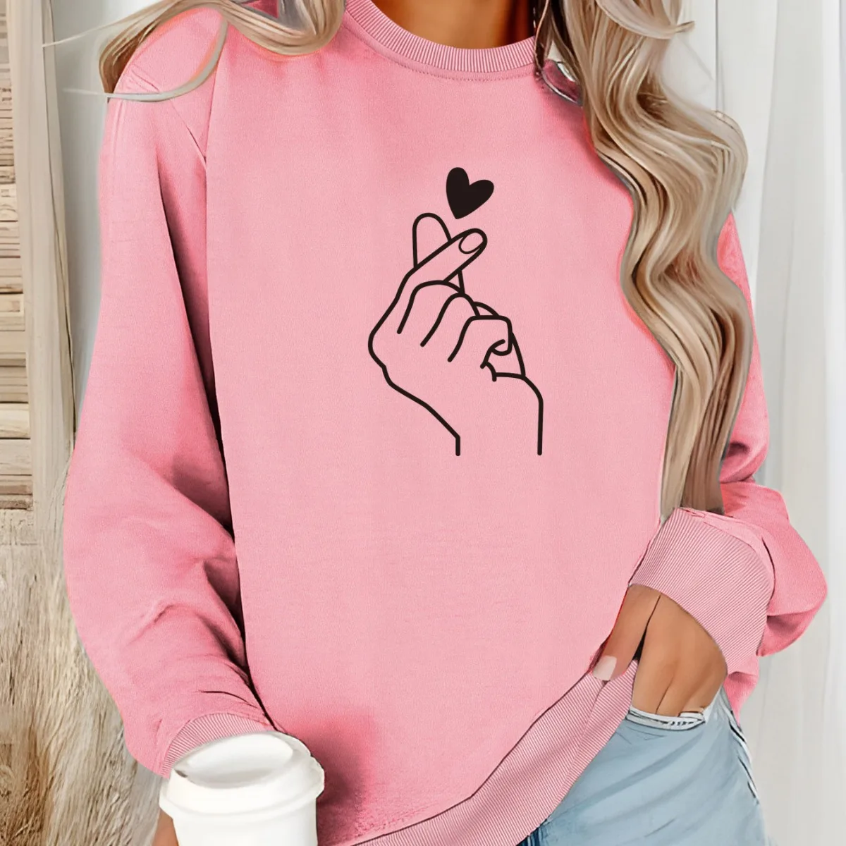 Fleece Hoodie Round Neck Love Gesture Printed Hoodie Explosion Female Aesthetic  Sweatshirt  Clothes  Streetwear Women Tops