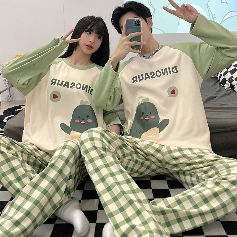 2024 Cartoon Sleepwear Cotton Pajamas Couple Long Sleeves Pyjamas Suit Pijama Women or Men Loungewear Dinosaur Pjs Home Clothes