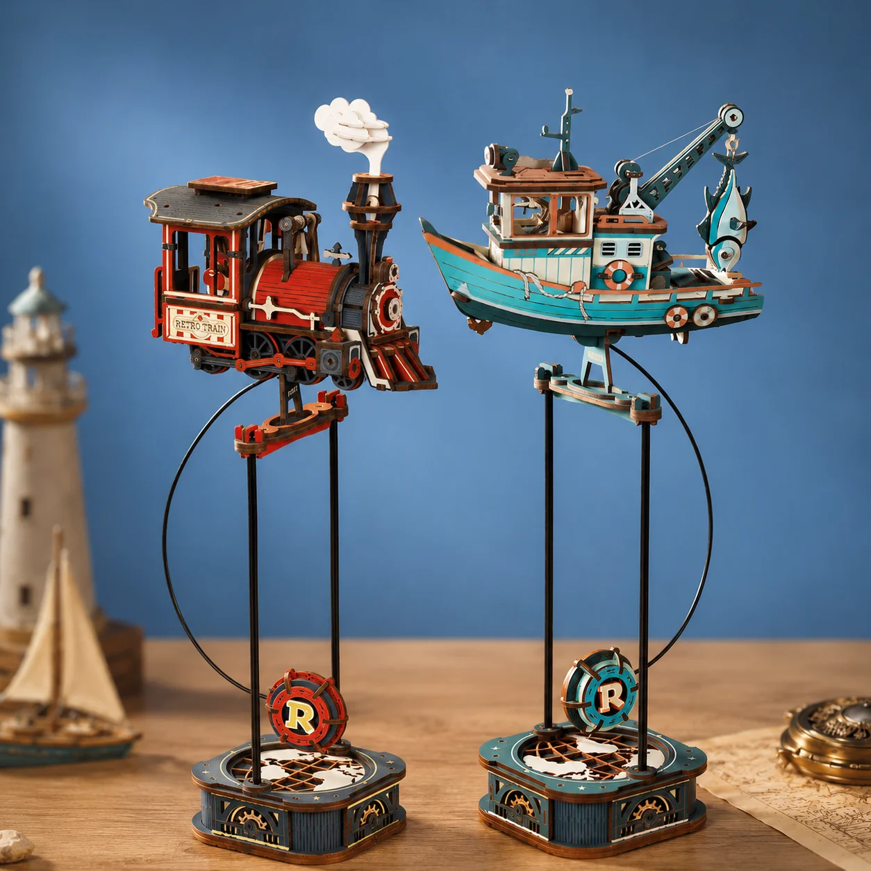 ROKR Gravity Swing Fishing Boat Mechanical Model Kit Dynamic Desk Ornament 3D Wooden Puzzle for Adults Dynamic Balance Ornament