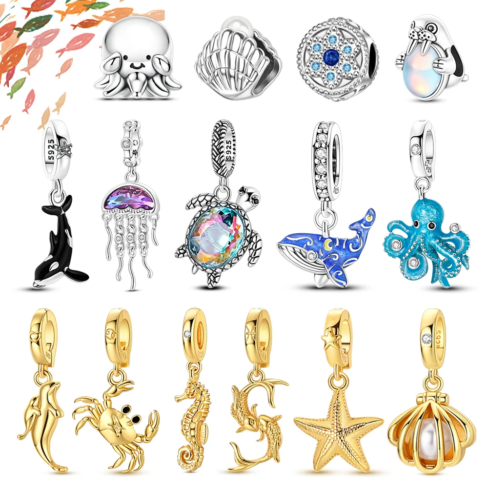 Ocean Series 925 Sterling Silver Sea Horse Dolphin Shell Turtle Whale String Decoration Fit DIY Bracelet Necklace Jewelry Making