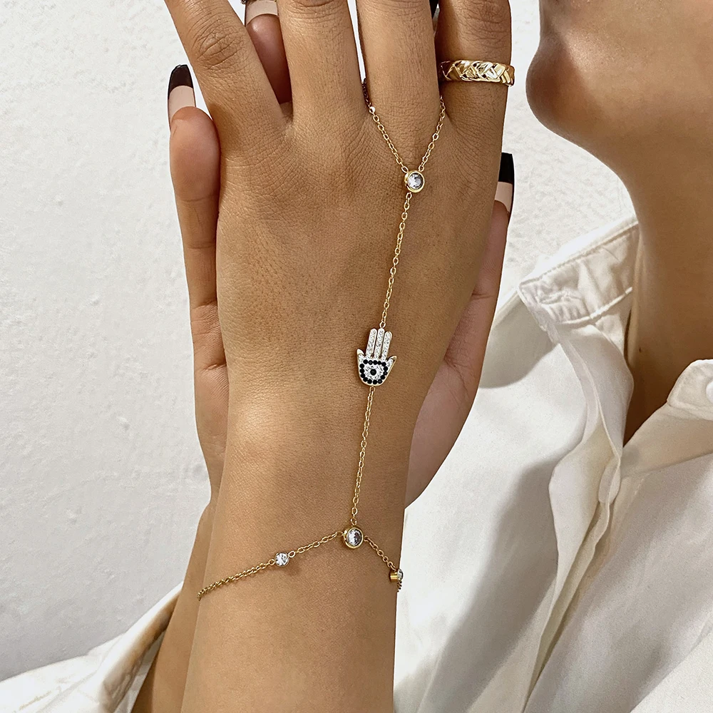 Devil's Eye Palm Zircon Chain Bracelet for Women Link Connected Stainless Steel Finger Ring Bracelets Hand Harness Jewelry