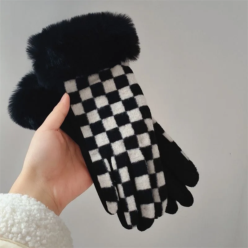 قفازات شتوية بنمط رقعة الشطرنج لطيف بشاشة تعمل باللمس وفم فرو ومخمل سميك، قفازات ركوب دافئة