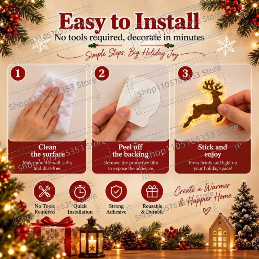 2027 Reindeer Glow Christmas Decor LED Light Up Glowing Reindeer Wall Stickers Outdoor Festive Lighting Holiday 3D Wood Decor - view 4