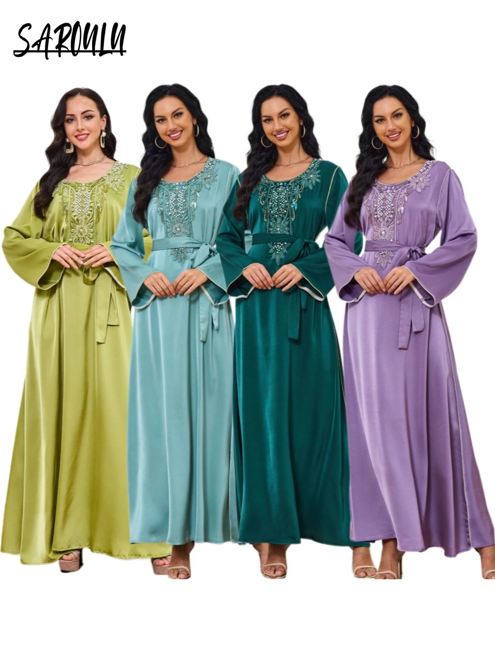 Elegant New Arrival Dubai O-neck Evening Dress Muslim Vintage Beaded Colorful Long Sleeves Prom Gown Customized Formal Occasions