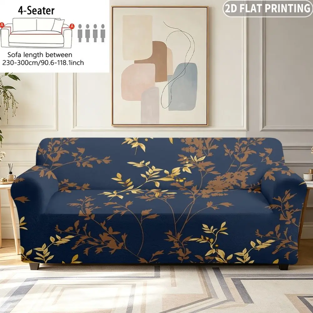 1pc Elastic Sofa Cover Golden Leaves On Dark Blue Print, Easy to Install, Ideal for  Single/ Double/ Three / Four-Person Sofa