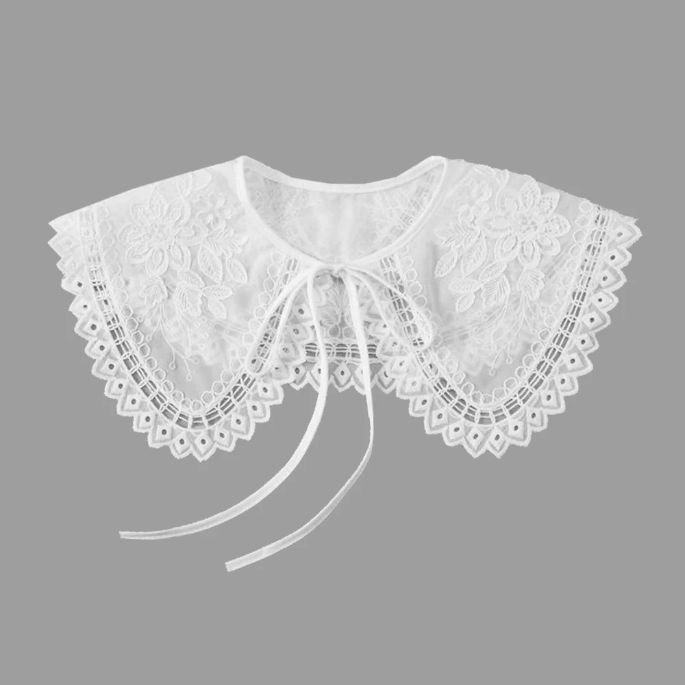 Women Floral Embroidered Chiffon Doll Collar Detachable Half Shirt Collar Sweet Female Blouses Bow Tie Fake Collar Accessories