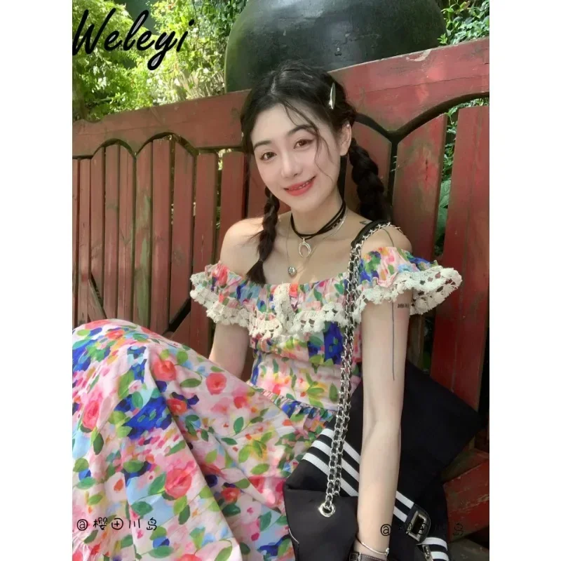 

Woman Clothes Fashion Sexy Dress 2024 Summer New Sweet Off Neck Oil Painting Printing Floral Tea Break French Style Long Dresses