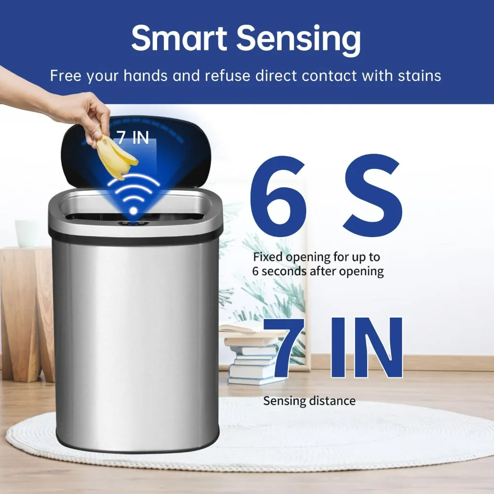 BestOffice 13 Gallon Trash Can with Lid Automatic Touchless Garbage Can Odor Control Modern Oval Design | Easy to Clean