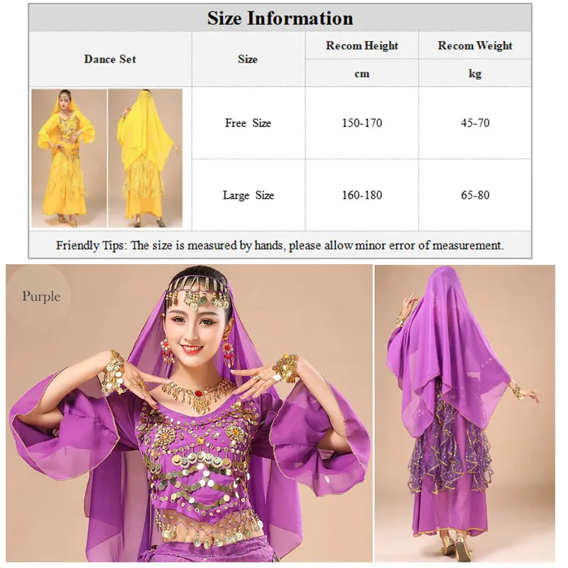 Women Gypsy Belly Dance Costume Arabic Banadge Top Shiny Skirt Indian Bellydance Head Scarf Coins Gypsy Hip Scarf Bracelet Set