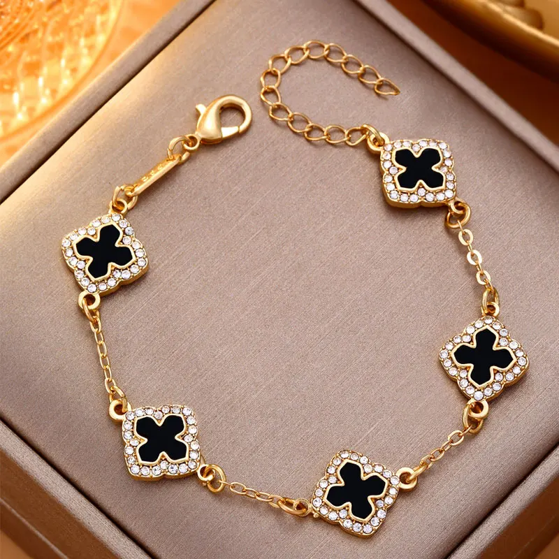 Luxury Colorful Rhinestone Five Leaf Flower Charm Bracelets for Women Gold Color Four Leaf Clover Bracelet Bangle Party Jewelry