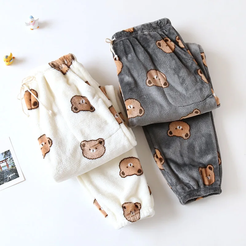 

Flannel Women Couple Closed Trousers Autumn Winter Coral Velvet Loose Pajama Pants Winter Warm Home Men Sleeping bottoms Pants