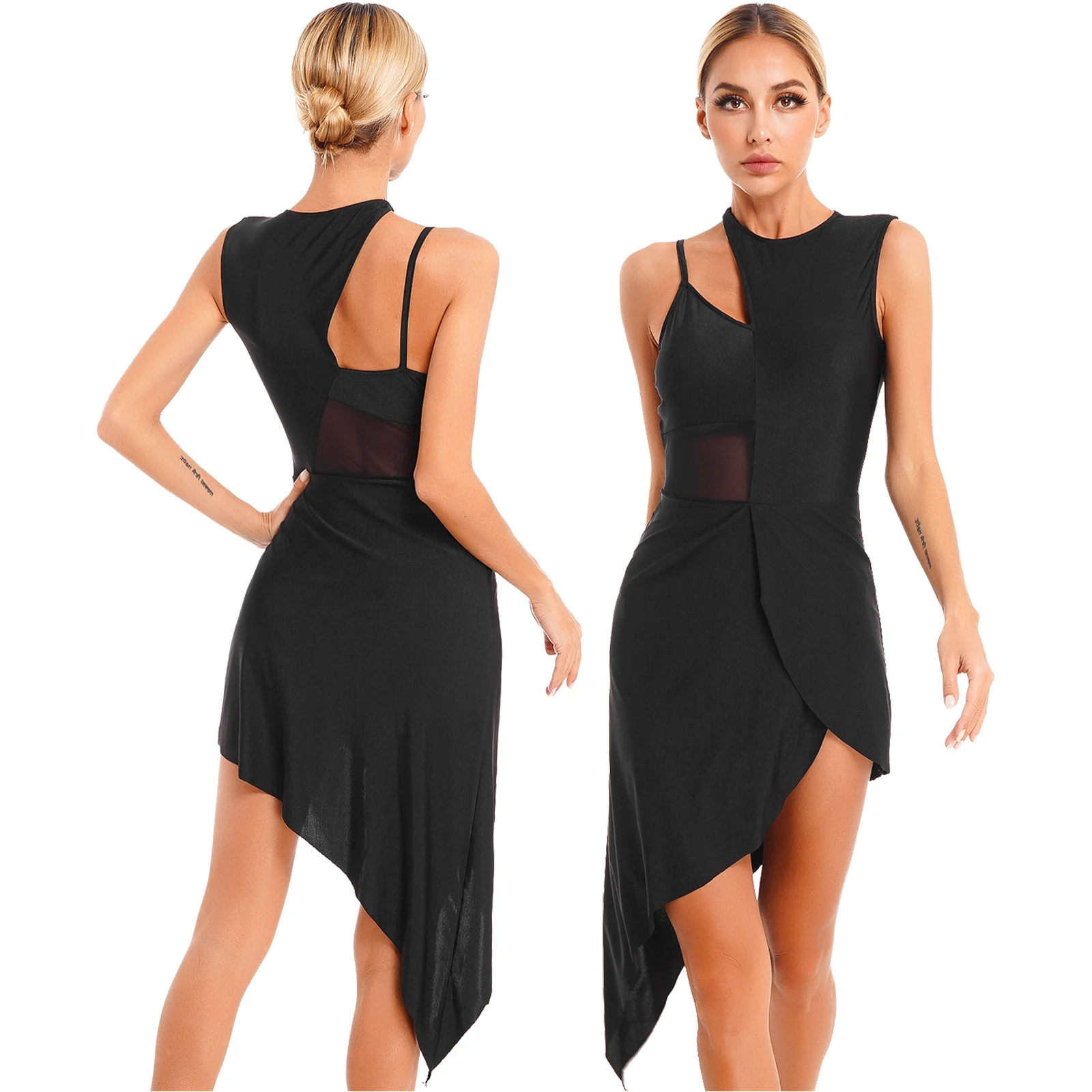 

Women's Latin Salsa Ballroom Dance Dress Sleeveless Mesh Leotard Patchwork Asymmetrical Hem Dress Tango Modern Dancewear