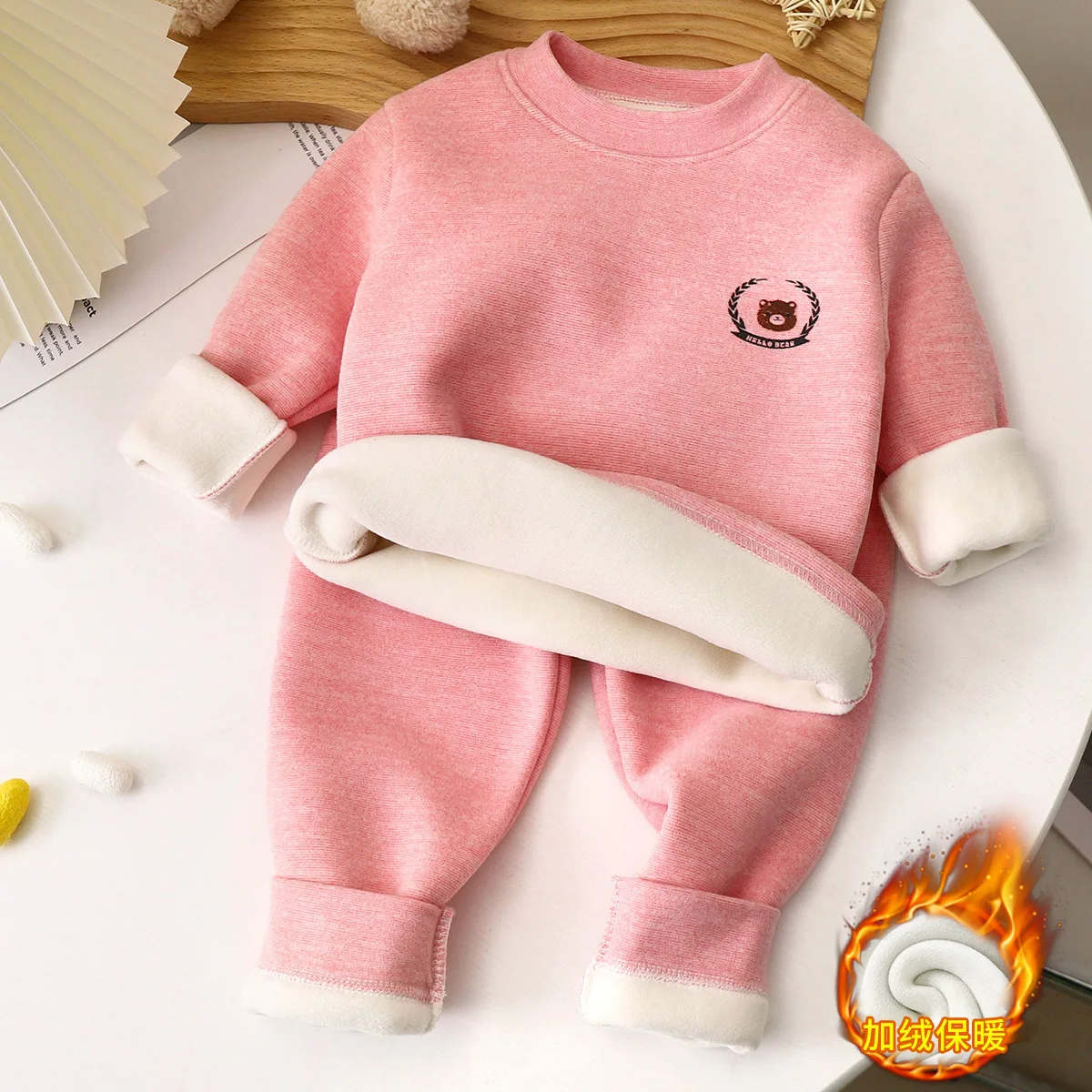 Baby Winter Fleece Thermal Underwear Set Boys Girls Soft Stretchy Long-Sleeve Base Layer Children Festival Home Kids Loungewear