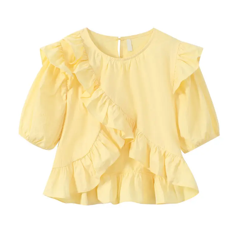 

Children's Clothing Girls Korean Solid Color Shirt Kids Spring Summer Casual Splicing Ruffles Bubbles Short Sleeve Loose Shirt