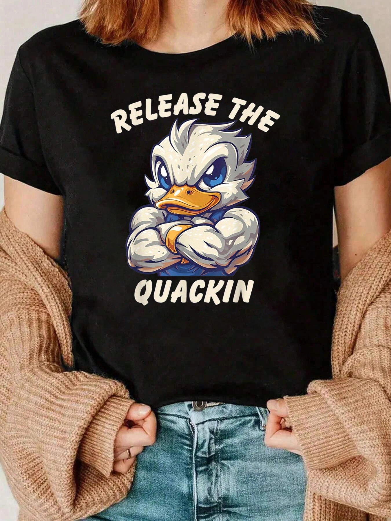 

Футболка с принтом «Утка» из мультфильма «Квакин», повседневная одежда на Хэллоуин, женская, 220 г