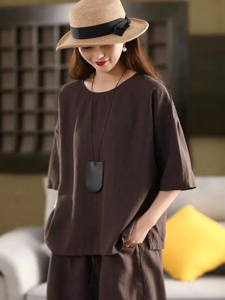

Women Cotton Linen Tops Retro Pullover Loose Round Neck Half Sleeve Tees Shirt Oversize Casual Streetwear
