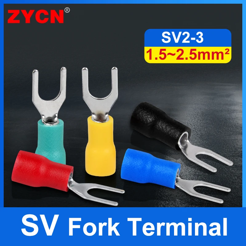 100Pcs SV1.25/ 2-3 Fork Insulated Wire Connector Electrical Furcate Crimp Terminal Cable Cold Press For 1.5-2.5mm² PVC Copper