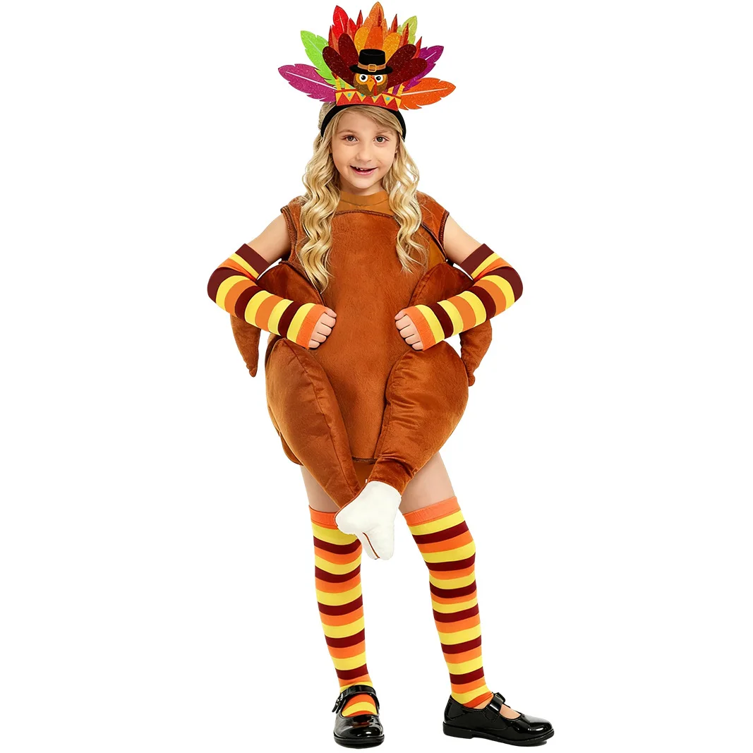 Kids Boys Girls Thanksgiving Turkey Role Play Jumpsuit Hat Apron Overclothes Set Children Outfit Halloween Cosplay Costumes