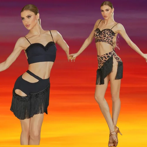 

ZYM Summer Latin Dance Clothing Women Cha Cha Top Fringed SkirLatin dance suit daily practice trainning dress leopard black