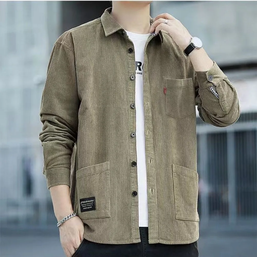 Men's Corduroy Long Sleeve Shirt 2023 New Fashion Simple Casual Coat Slim Warm Solid Color Male Brand Clothing Top Mens Shirts