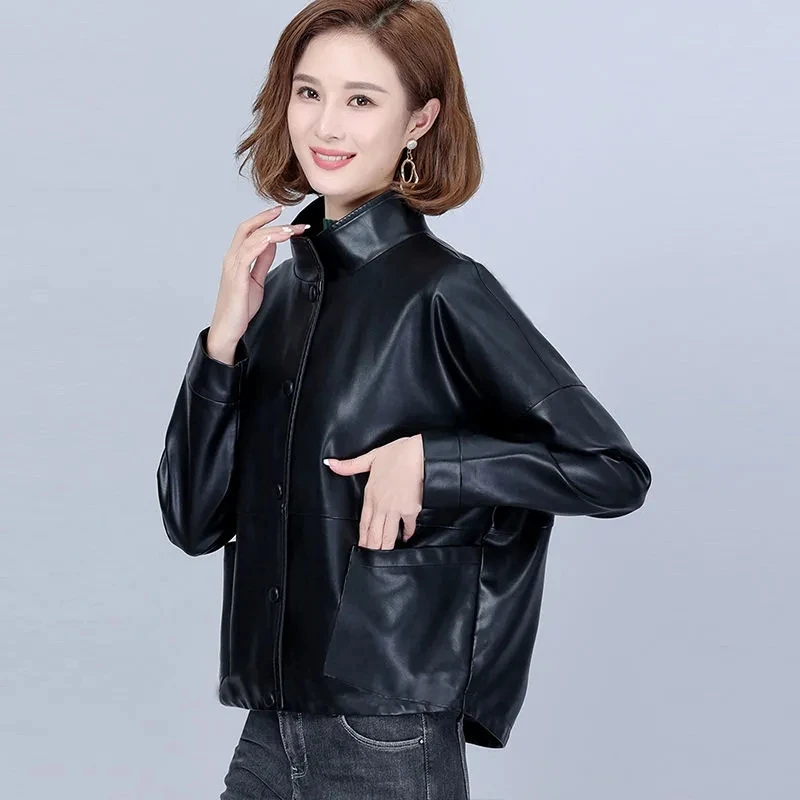 High End Leather Jacket For Women 2024 New Korean Casual Imitation Sheepskin Short Coats Loose All-Match PU Leather Outwear 4XL