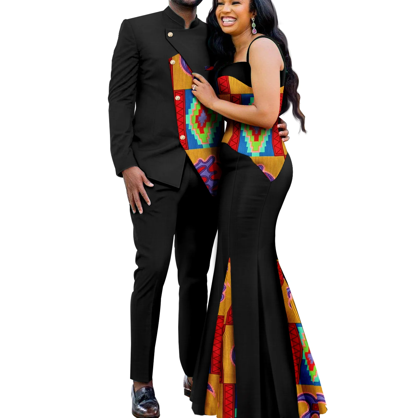 African Couples Women Print Wax Cotton Fashion Patchwork Hot Dress& Men 2 Pieces Shirt and Pants Sets