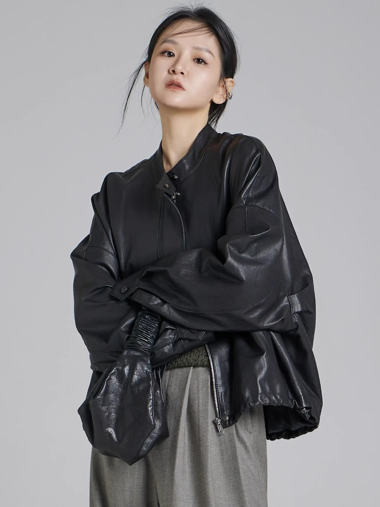 Chaquetas cortas informales de piel auténtica para mujer, abrigo de piel de oveja auténtica negro suave y holgado con cuello levantado Simple de gama alta para primavera y otoño