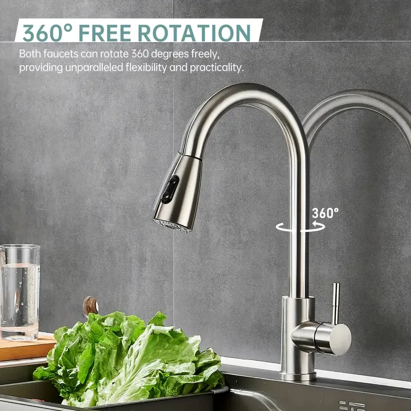 Modern Stainless Steel Pull-Out Kitchen Faucet - Sleek Design with Dual Water Outlets, 360° Rotatable & Retractable, Hot & Cold