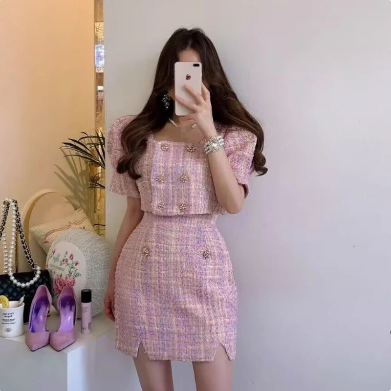 

Retro Tweed Bubble Sleeve Square Collar Versatile Women's Set 2025 Summer Fashion Korean Style Matching Top Bottom Ensemble