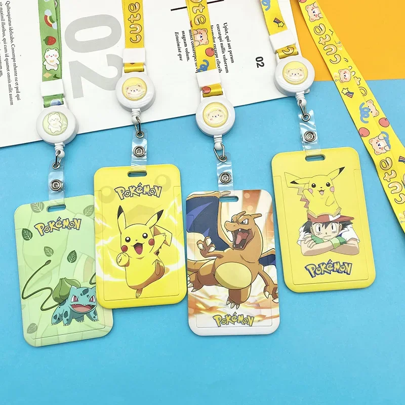 Pokemon Cartoon Card Cover Cute Elves Pikachu Charizard Cute Kids Key Lanyard Keychain Office ID Card ABS Anti-lost Card Holder