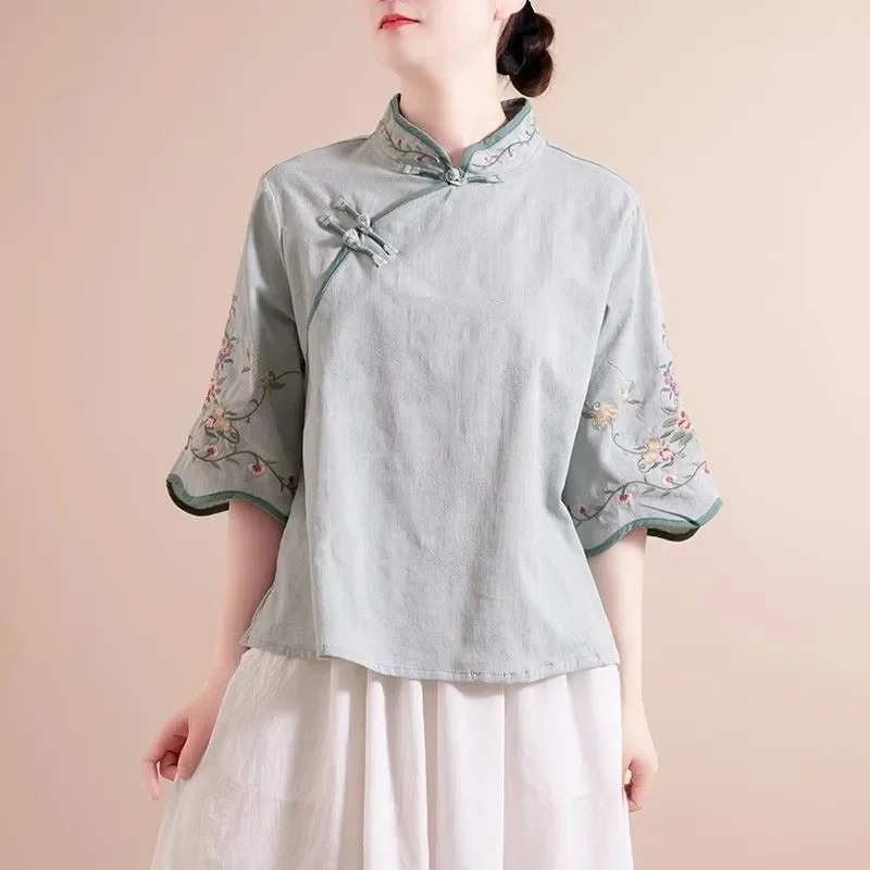 Women's Pink Cheongsam Style Blouse With Floral Embroidery And Mandarin Collar For Elegant Casual Daily Wear
