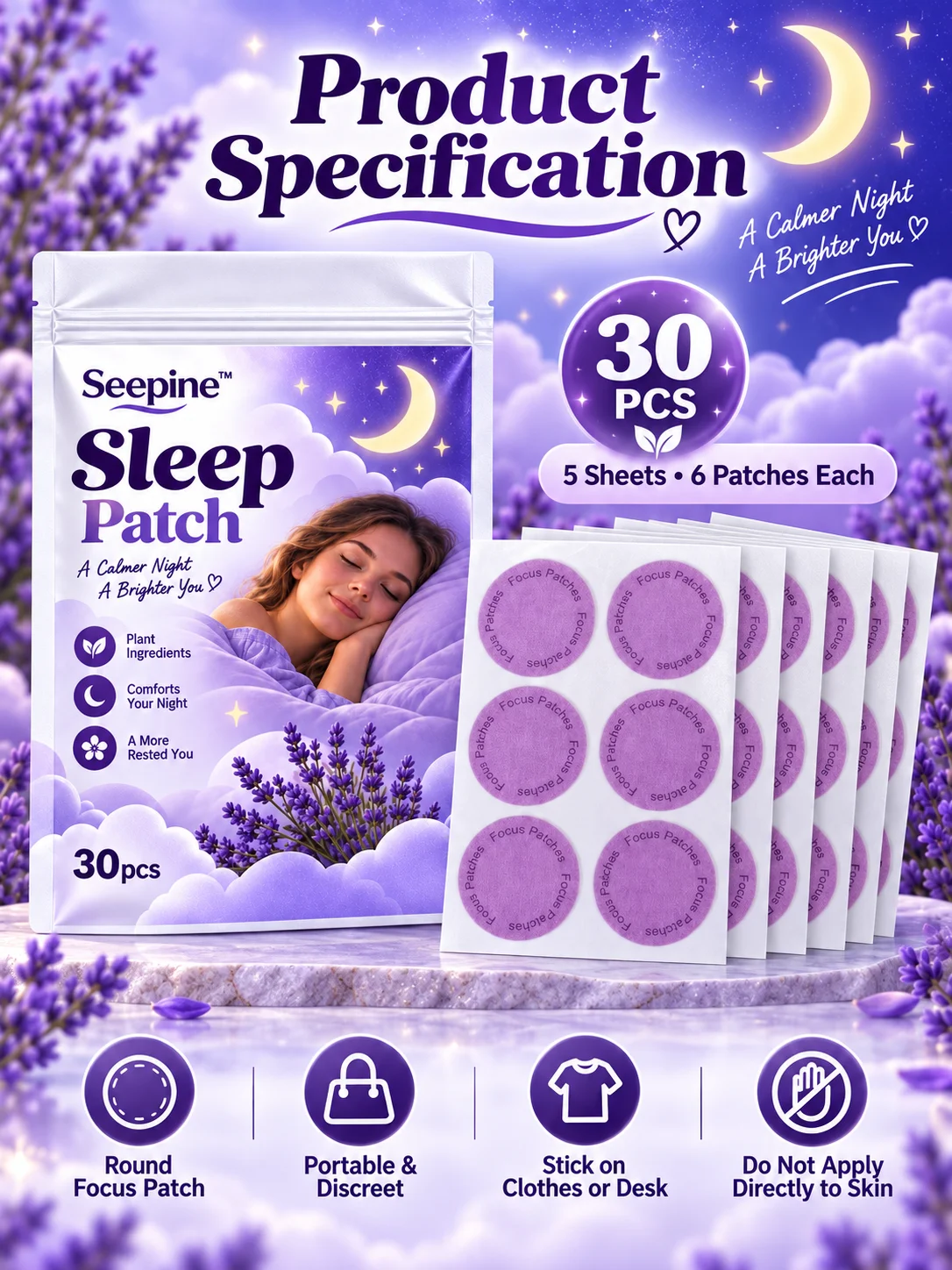 30PCS Lavender Sleep Patch, Purple Round Focus Patches for Clothes or Desk, Portable Aromatherapy Patch