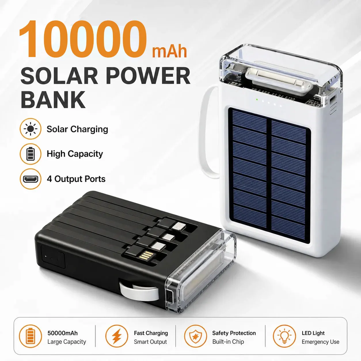 Portable Solar Power Bank 10000mAh with LED Light Built-in Cable Compact Mobile Charger For iPhone Outdoor Use