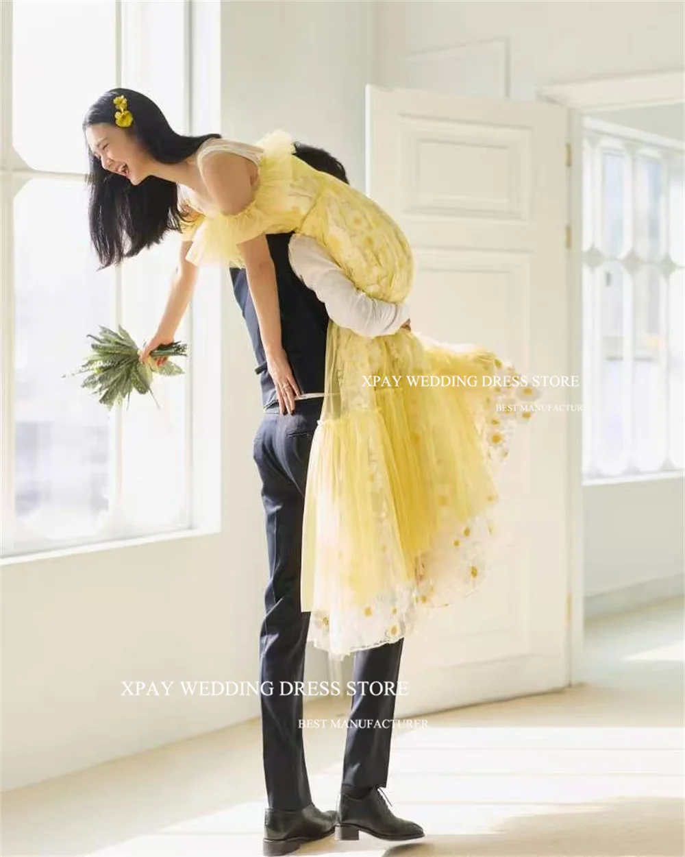 

XPAY Ярко-желтое кружевное бальное платье с цветами Корейские вечерние платья Фотосессия длиной до пола, тюлевое вечернее платье на день рождения по индивидуальному заказу