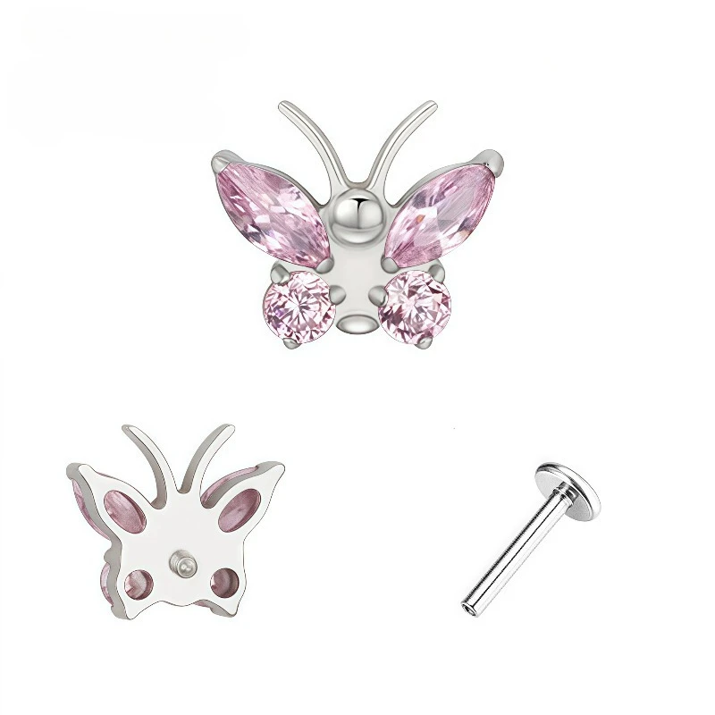 Titanium Internally Threaded Butterfly CZ Cartilage Stud Flat Back Labret Tragus Helix Fashion Multi-color Piercing Earring