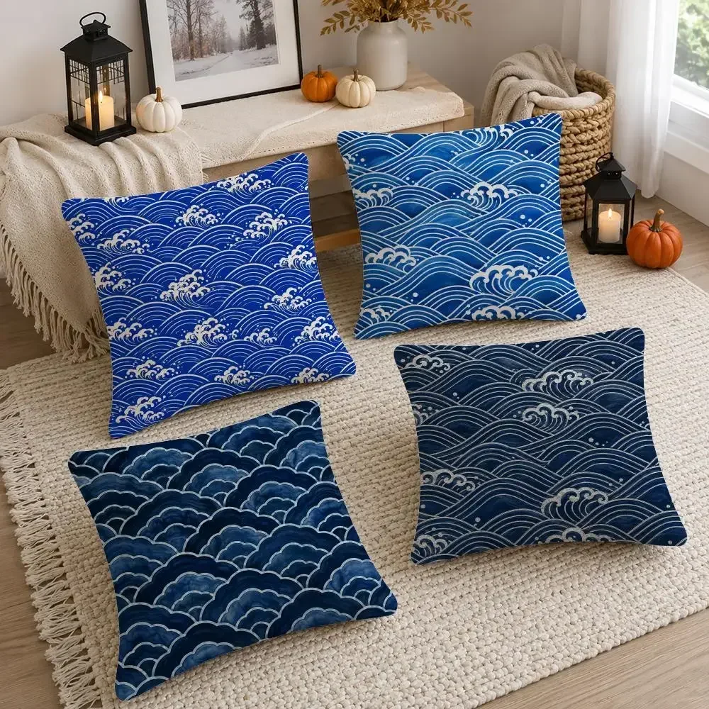 Seigaiha Ocean Wave Pattern Cushion Cover Soft Fluffy Short Plush  Pillow Case Throw Decorative  for Sofa Bedroom Home Decor