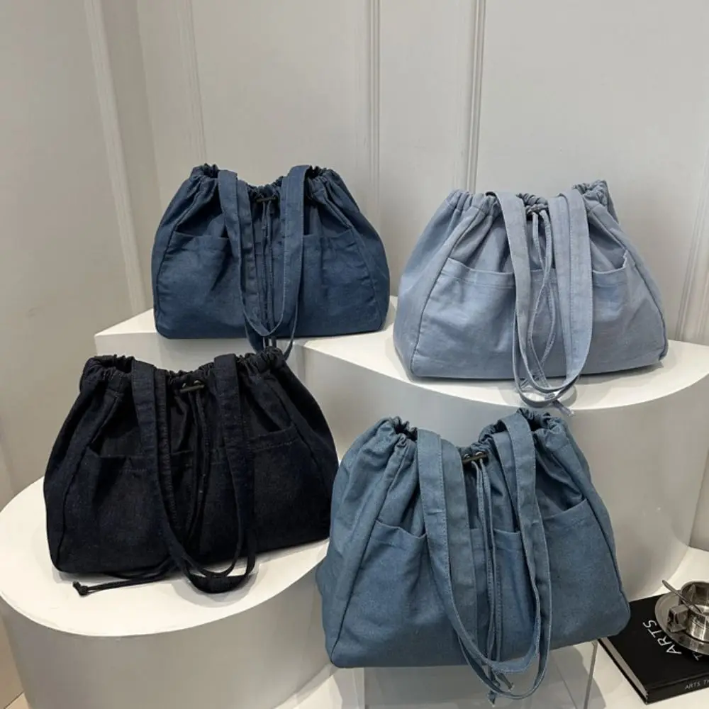 

Vintage Large Capacity Oxford Drawstring Shoulder Bag Casual Leisure Denim Tote Bag All-match Cowboy Canvas Bucket Bag Women