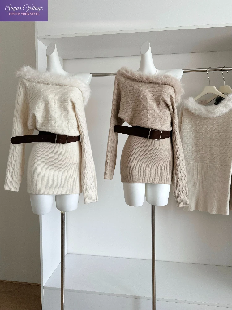 French Elegant Knit Dress Women Slim Fit Long Sleeve Off Shoulder Belted Cable Sweater Dress Warm Soft Winter Chic Midi Outfit