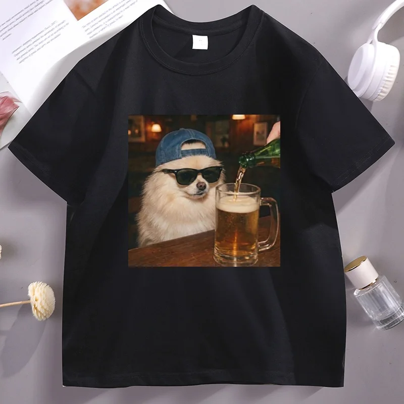 Funny Pomeranian Drinking Beer Dog T Shirt Dog Meme Graphic Tee Dog Lover Gift Fathers Day Man Clothes Streetwear